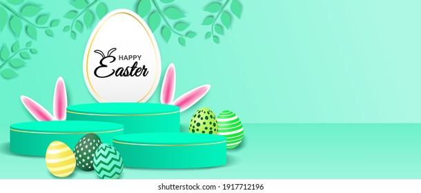 Happy easter theme product display podium. Colorful easter egg and bunny ears on mint green background. Vector. illustration.