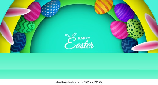 Happy easter theme product display podium. Colorful easter egg and bunny ears on mint green background. Vector. illustration.