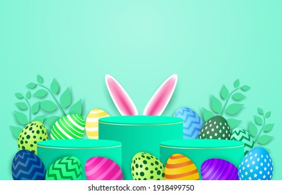Happy easter theme product display podium. Colorful easter egg and bunny ears on mint green background. Vector. illustration.
