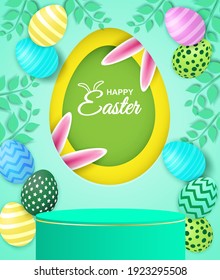 Happy easter theme product display podium. Colorful easter egg and bunny ears on mint green background. Vector. illustration.