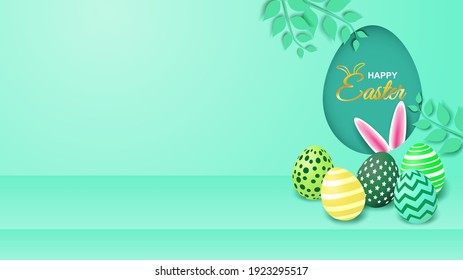 Happy easter theme product display podium. Colorful easter egg and bunny ears on mint green background. Vector. illustration.