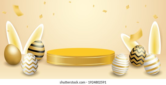 Happy easter theme product display podium. Golden easter egg on light gold background. Vector. illustration.