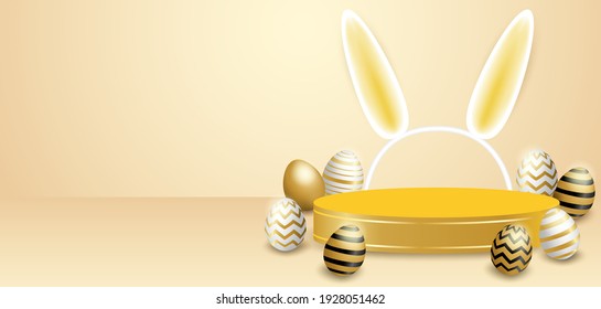 Happy easter theme product display podium. Golden easter egg on light gold background. Vector. illustration.