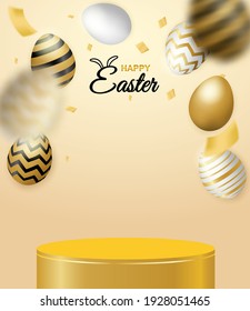 Happy easter theme product display podium. Golden easter egg on light gold background. Vector. illustration.