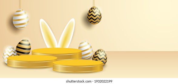 Happy easter theme product display podium. Golden easter egg on light gold background. Vector. illustration.