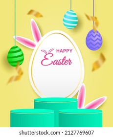 Frohes Ostermotiv-Produkt-Display Podium. Farbiges Osterei auf gelbem Hintergrund. Vektorgrafik. 