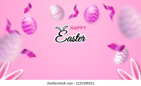 Happy easter theme product display podium. Colorful easter egg on pink background. Vector. 