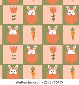 Happy easter themed pattern with cute bunny, carrot, and tulip motifs for festive decoration.