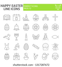 Happy easter thin line icon set, spring holiday symbols collection, vector sketches, logo illustrations, christian celebration signs linear pictograms package isolated on white background, eps 10.