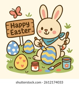 Happy Easter This cheerful bunny is painting colorful eggs in vibrant garden setting, celebrating joy of Easter day with creativity and fun