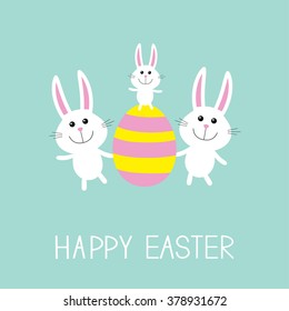 Happy Easter. Three bunny rabbit family and striped egg. Flat design. Pastel color background. Vector illustration