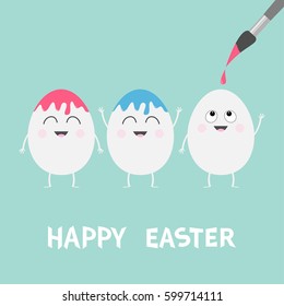 Happy Easter. Three Egg. Painting brush. Smiling face. Paintbrush with paint drop Cute cartoon character set  Friends forever Greeting card Flat design Blue pastel color background Vector illustration