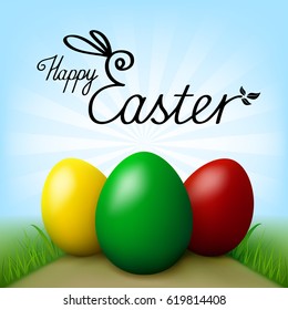 Happy Easter. Three eggs of different colors (green, yellow, red) on path in field with grass, inscription “Happy Easter”, blue sky with rays as background.