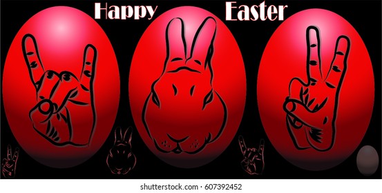 Happy Easter with three eggs, and three symbol 