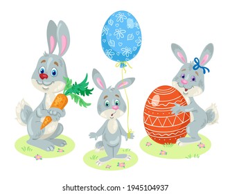 Happy Easter! Three funny bunnies with a carrot, a big red egg and a blue balloon in hands. In cartoon style. Isolated on white background. Vector illustration.