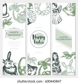 Happy Easter - three piece color vector hand drawn square template card with copyspace. Realistic basket, egg, cake, angel, chaplet, rabbit, violet willow, girl, candle, bell, chicken.