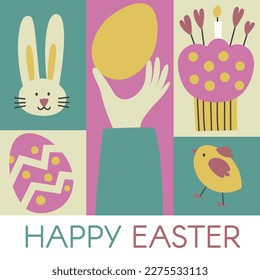 Happy Easter Time. Rabbit egg cake plants hands. Traditional icons. Egg hunt decoration. Group of traditional symbols folk style. Illustration for social media posts marketing greeting cards posters
