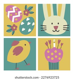 Happy Easter Time. Rabbit egg cake plants hands. Traditional icons. Egg hunt decoration. Group of traditional symbols folk style. Illustration for social media posts marketing greeting cards posters
