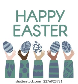 Happy Easter Time. Rabbit egg cake plants hands. Traditional icons. Egg hunt decoration. Group of traditional symbols folk style. Illustration for social media posts marketing greeting cards posters
