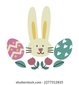 Happy Easter Time. Rabbit egg cake plants hands. Traditional icons. Egg hunt decoration. Group of traditional symbols folk style. Illustration for social media posts marketing greeting cards posters
