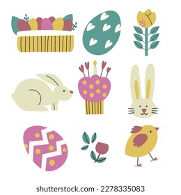 Happy Easter Time. Rabbit egg cake plants hands. Traditional icons. Egg hunt decoration. Group of traditional symbols folk style. Illustration for social media posts marketing greeting cards posters
