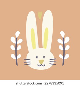 Happy Easter Time. Rabbit egg cake plants hands. Traditional icons. Egg hunt decoration. Group of traditional symbols folk style. Illustration for social media posts marketing greeting cards posters
