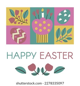 Happy Easter Time. Rabbit egg cake plants hands. Traditional icons. Egg hunt decoration. Group of traditional symbols folk style. Illustration for social media posts marketing greeting cards posters
