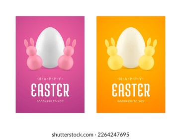 Happy Easter tiny bunny tumbler chicken egg 3d greeting card set design template realistic vector illustration. Rabbit toy religious holiday character eggshell traditional treat celebration decor