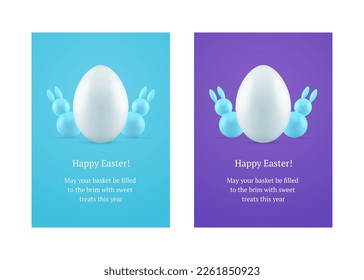Happy Easter tiny rabbit bauble chicken egg 3d greeting card set design template realistic vector illustration. Bunny hare religious congratulations holiday festive celebration decor element