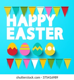 Happy Easter Title with Eggs on Blue Retro Background 