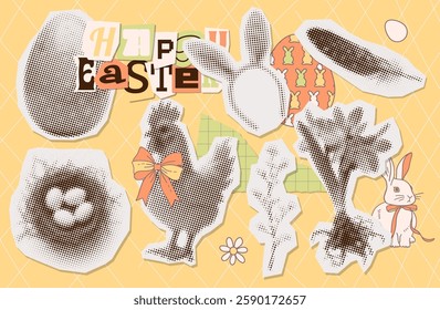 Happy Easter torn out paper stickers set with halftone nest with eggs, rabbit ears, spring flowers and chicken. Collage elements set with cut out shapes. Vector retro illustration.