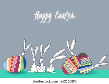 Happy Easter. Traditional detailed eggs and rabbits.