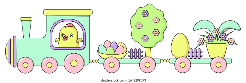 Happy Easter train with a cute chicken, a spring tree in flowers, painted bright eggs, a rabbit hiding behind a flower pot in pastel colors. Horizontal holiday vector banner in flat cartoon style.