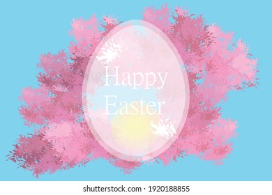 Happy Easter transparent frame in the form of an egg on a background of pink abstract foliage. Vector template for banner, postcard.