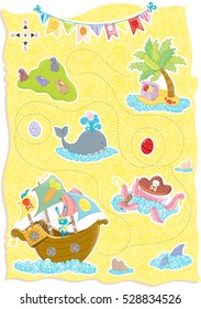 Happy Easter Treasure Map with cute animals,pirate bunny, whale,octopus,sharks,Treasure Island and the Easter Island