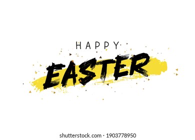 Feliz Pascua. Grabado de tendencia. Gran tarjeta de regalo de vacaciones. Ilustración vectorial sobre fondo blanco con una mancha de tinta dorada amarilla. 