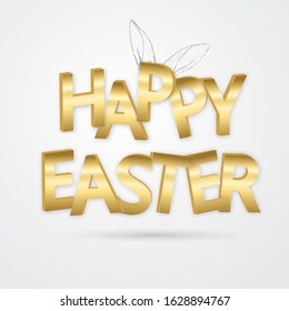 Happy Easter - trendy 3D gold Easter greeting card template.