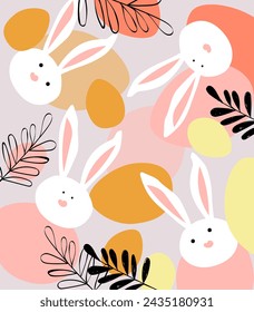 Happy Easter trendy abstract Easter templates. Good for poster, card, invitation, flyer, cover, banner, placard, brochure and other graphic design. Hand painted plants, eggs and bunny, in pastel color