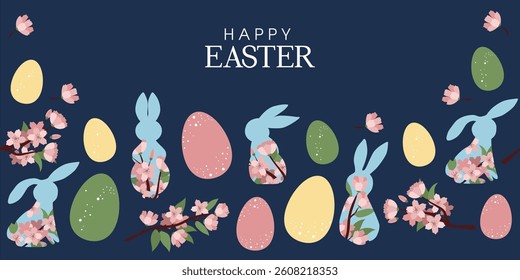 Happy easter trendy banner. Vector design. Easter eggs  and bunnies with spring flowers on blue background.