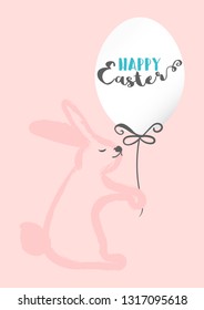 Happy easter trendy cute celebration greeting card in simple cartoon style. Rabbit and easter egg traditional symbol of Easter holiday