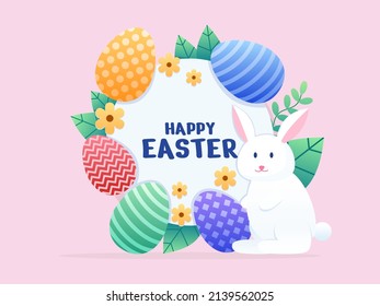 Feliz diseño de moda de Pascua con colorido huevo de Pascua, conejo y elementos florales. Diseño de moda de Pascua. Se puede usar para tarjetas de felicitación, banner, postal, afiche, impresión, libro, animación, invitación, etc.