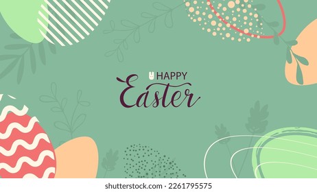 Frohe Ostern! Trendy Osterdesign mit gezeichneten Strichen und Punkten, Eiern, Pflanzen in Pastellfarben. Moderner minimalistischer Stil. Vektorgrafik