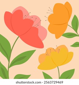 Happy Easter. Trendy design with stylized tulips spring flowers. Vector illustration for greeting cards, posters, holiday covers. Modern minimalist style in art.