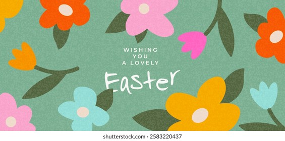 Happy Easter. Trendy Easter design with typography and hand drawn pattern with spring flowers. Modern art style. Horizontal poster, greeting card, website banner