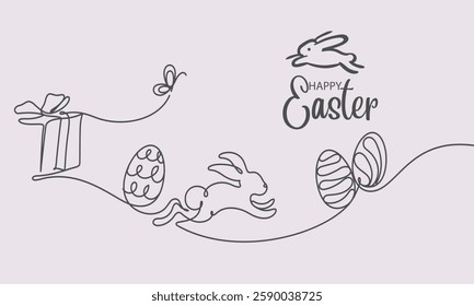 Happy Easter . Trendy Easter design with typography, hand painted strokes and dots, eggs, bunny ears, in pastel colors. Modern minimal style. Horizontal poster, greeting card, header for website