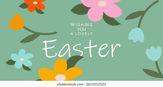 Happy Easter. Trendy Easter design with typography and hand drawn pattern with spring flowers. Modern art style.