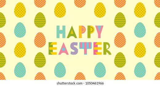 Happy easter. Trendy geometric font in memphis style of 80s-90s. Easter eggs with different geometric ornaments
