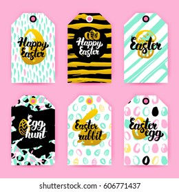 Happy Easter Trendy Gift Labels. Vector Illustration of 80s Style Shop Tag Design with Handwritten Lettering.