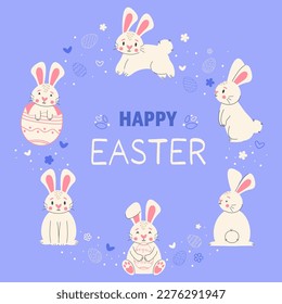 Happy easter trendy greeting card with bunnies. Minimalist holiday characters, cute stylized rabbits, vector illustration for prints ,posters,banners or greeting cards