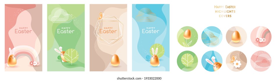 Happy Easter! Trendy pastel abstract templates with gold egg, cute bunny. Suitable for social media posts, mobile apps, cards, invitations, banners design and web, internet ads. Vector illustration.